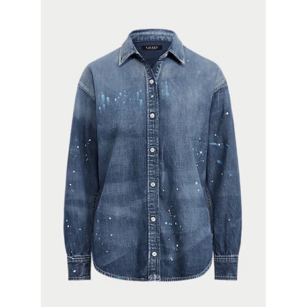 Lauren Ralph Lauren Paint Splatter Denim Shirt Women PM Black Label Long Sleeve